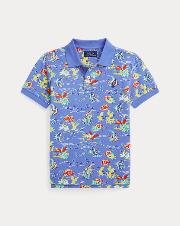 Fish-Print Cotton Mesh Polo Shirt