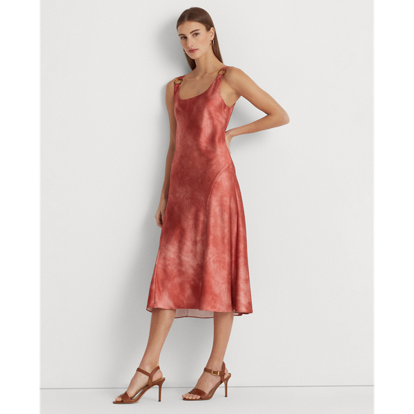 Tie-Dye-Print Ring-Trim Satin Dress