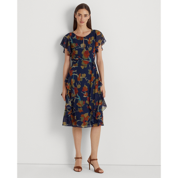 Floral Ruffle-Trim Georgette Dress