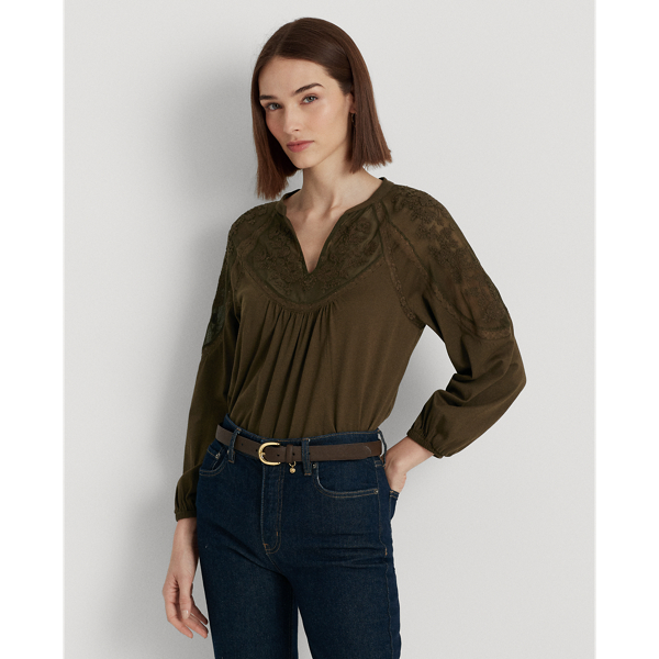 Embroidered Jersey Blouson-Sleeve Top
