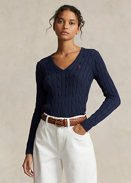 Cable-Knit Cotton V-Neck Jumper for Women | Ralph Lauren® UK