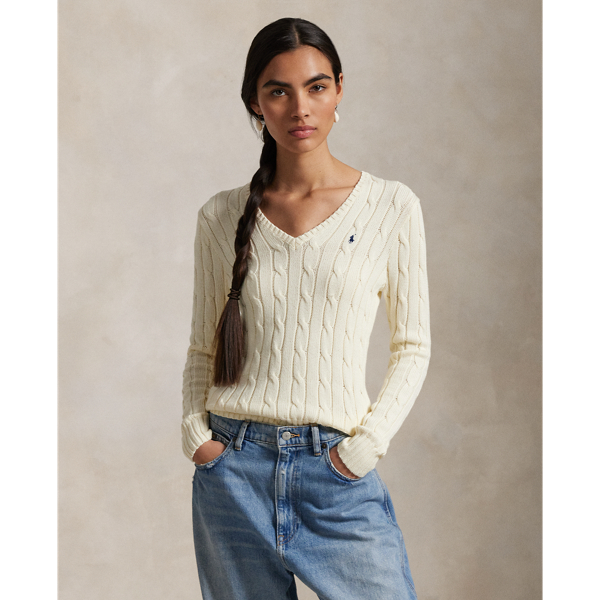 Cable Knit Cotton V Neck Sweater