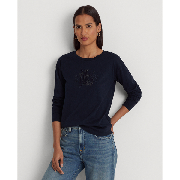 Beaded-Logo Jersey Long-Sleeve Tee Lauren 1