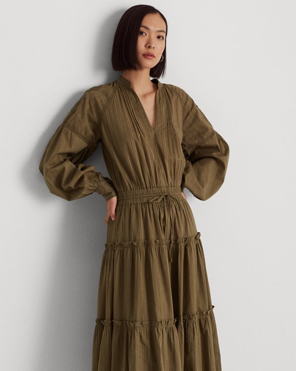 Shadow-Stripe Cotton Tiered Dress