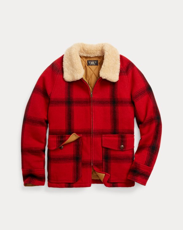 Shearling-Collar Plaid Wool Jacket