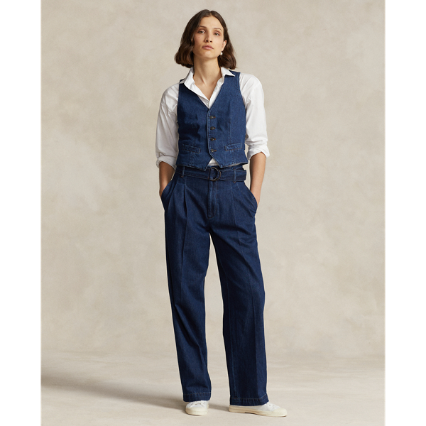 Pantalon à jambe large plissé en denim