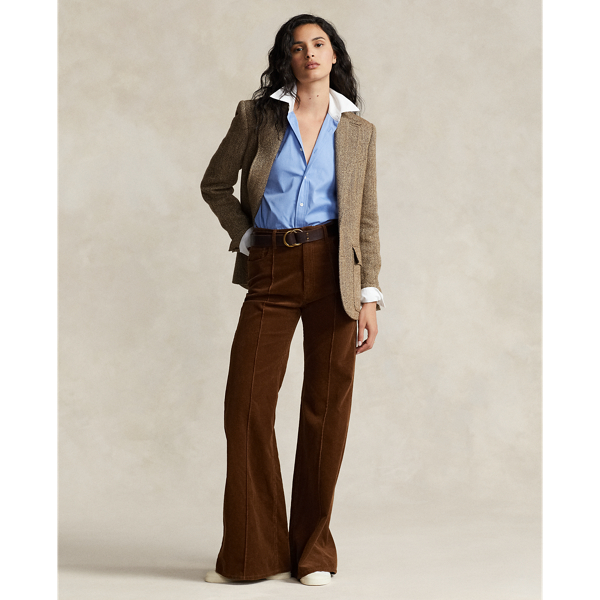 Pantalon évasé à plis en velours côtelé