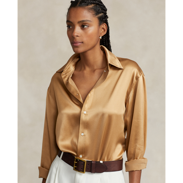 Satin Coffee Relaxed Fit Charmeuse Silk Shirt –