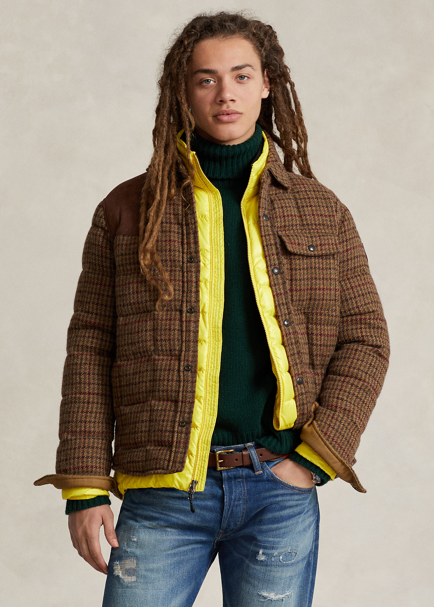 Suede-Patch Wool Down Jacket
