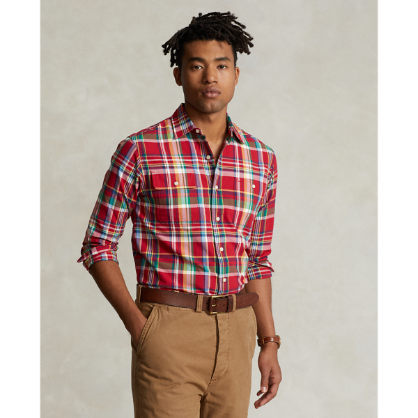 Red plaid polo button hot sale down