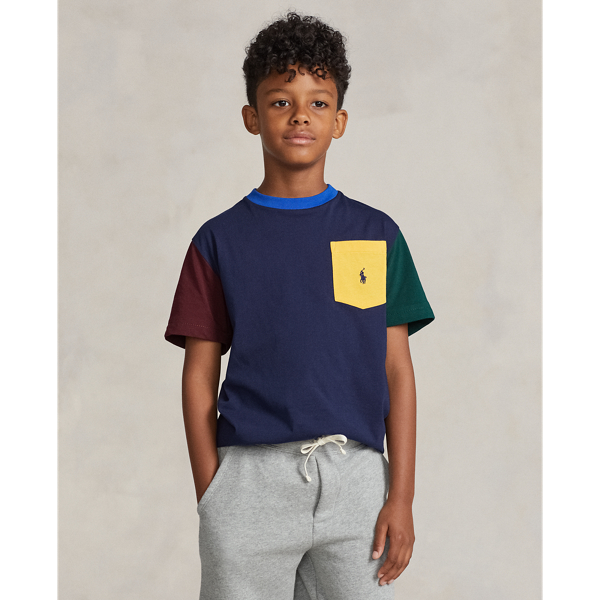 T-shirt bolso algodão e blocos de cores