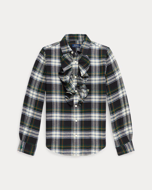Camisa sarja algodão com folhos xadrez
