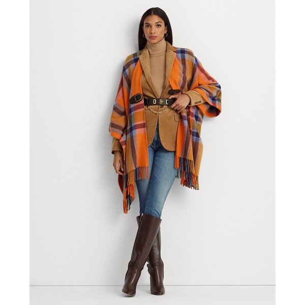 Plaid Fringe-Trim Twill Poncho Lauren 1