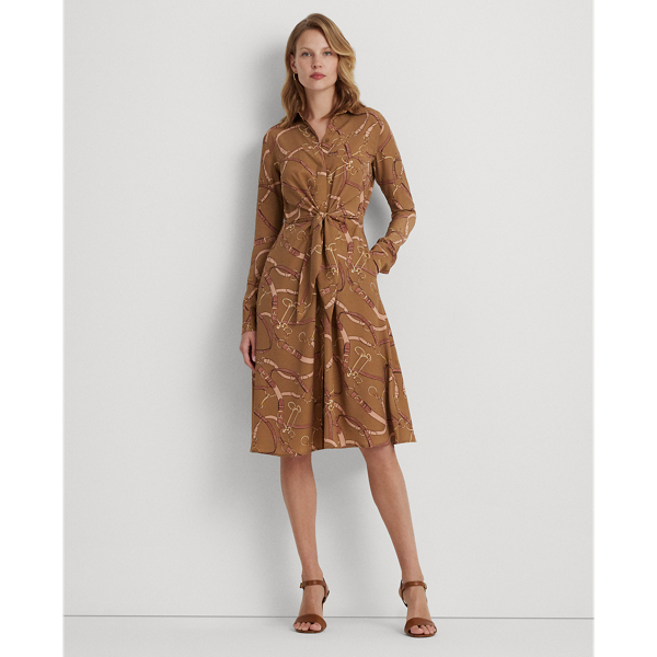 Belting-Print Tie-Front Crepe Shirtdress