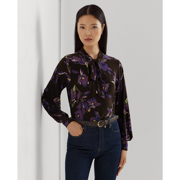 Floral Stretch Jersey Tie-Neck Top
