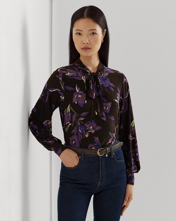 Floral Stretch Jersey Tie-Neck Top