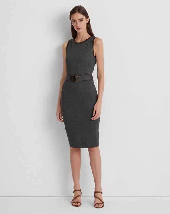 Faux-Leather-Trim Belted Jacquard Dress