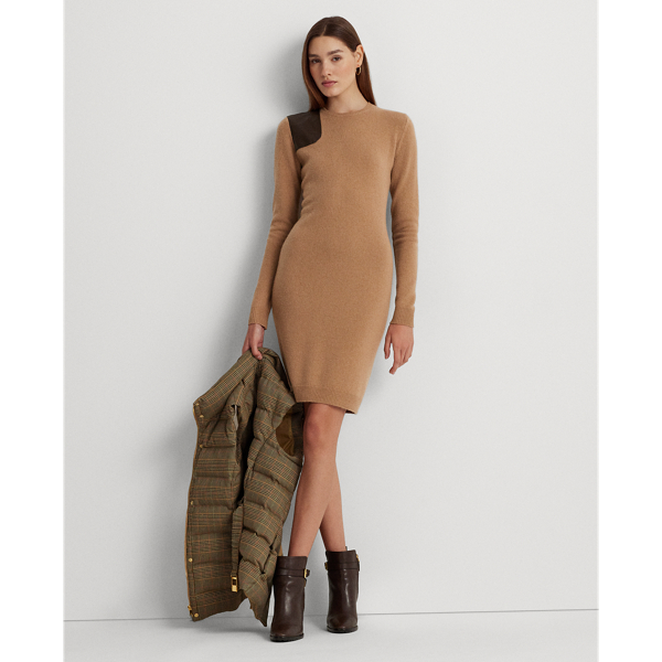 Faux-Leather-Trim Wool-Cashmere Dress