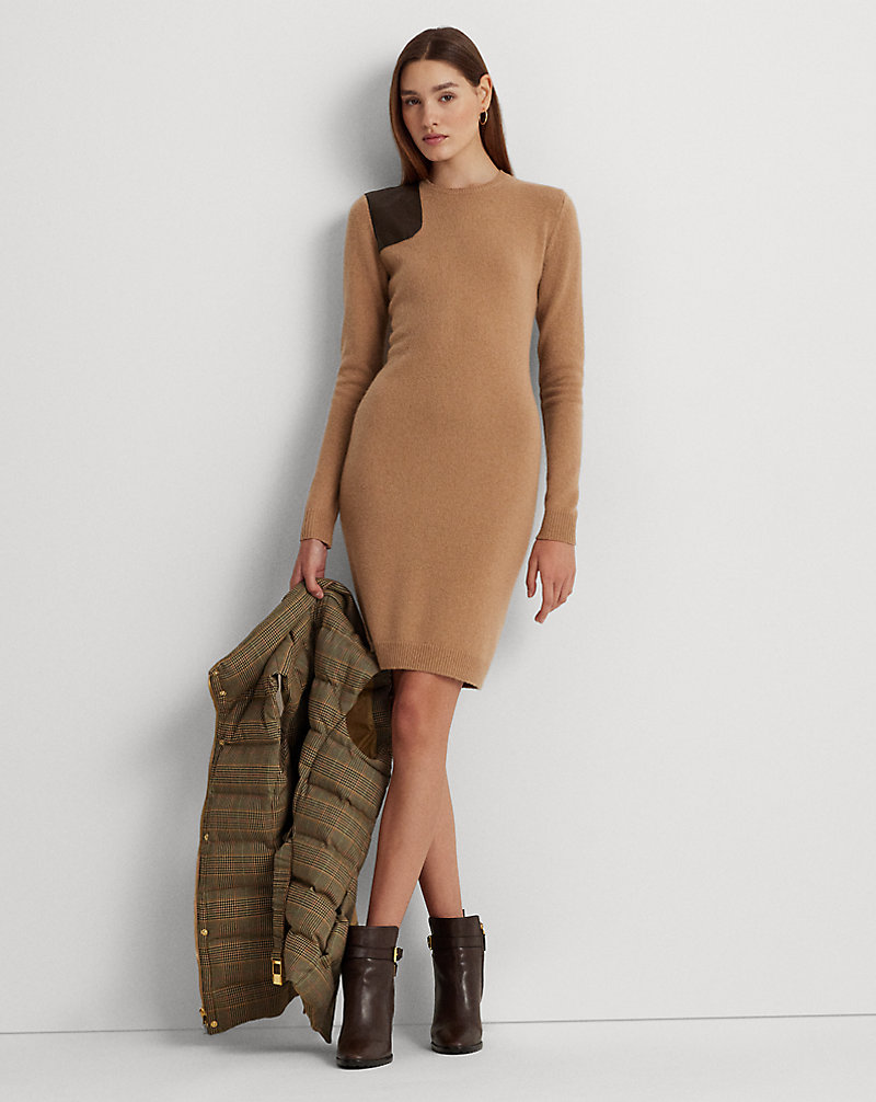 Faux-Leather-Trim Wool-Cashmere Dress Lauren 1