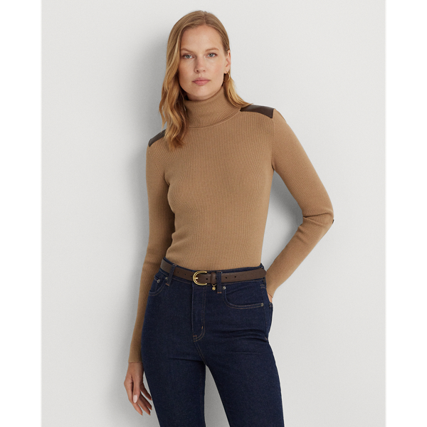 Faux Leather-Trim Ribbed Roll Neck