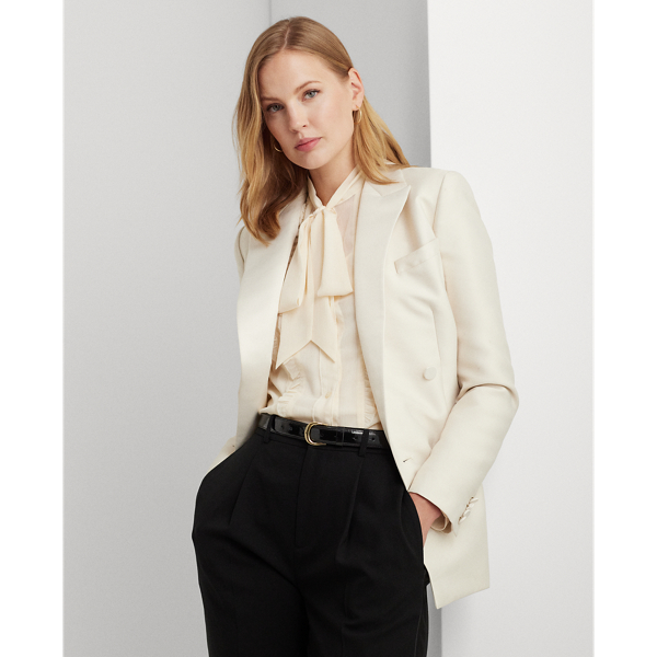 Double-Breasted Satin-Trim Twill Blazer