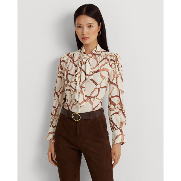 Belting-Print Georgette Tie-Neck Blouse