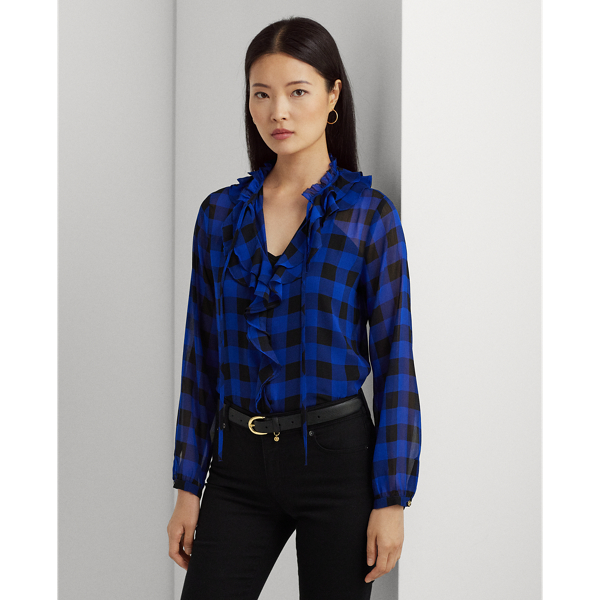 Blusa georgette de folho, padrão escocês