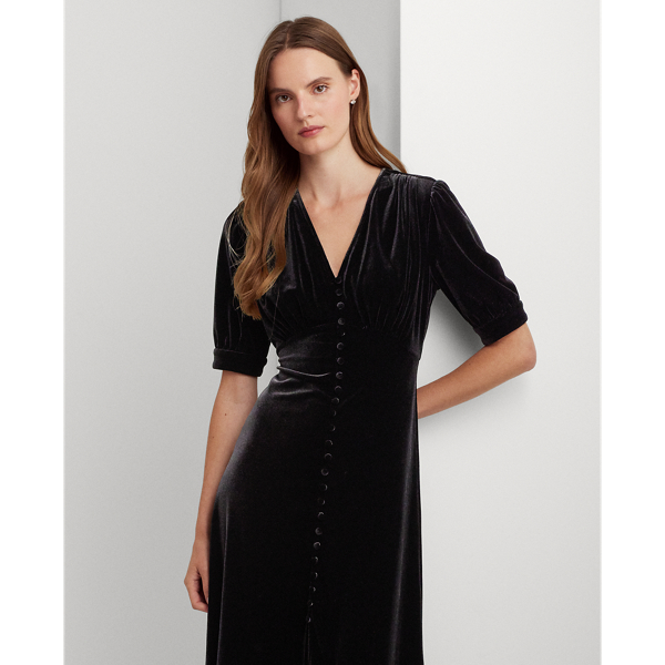Stretch Velvet Puff Sleeve Midi Dress for Women Ralph Lauren IN