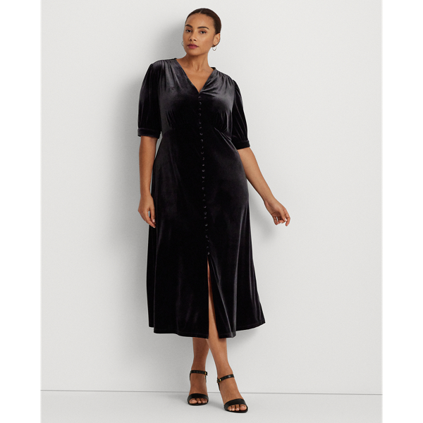 Vestido midi de veludo e manga de balão