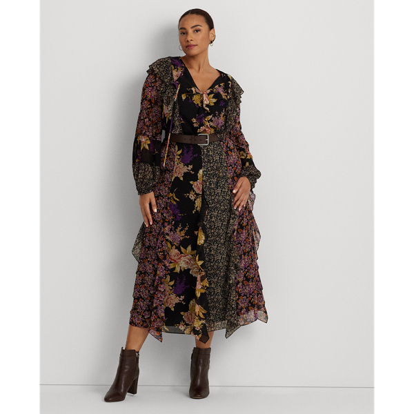Saia floral em georgette com folhos