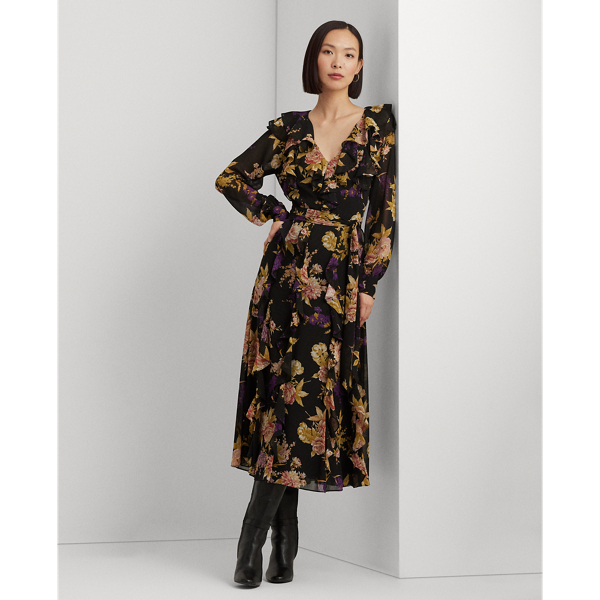 Floral Ruffle-Trim Georgette Dress Lauren 1
