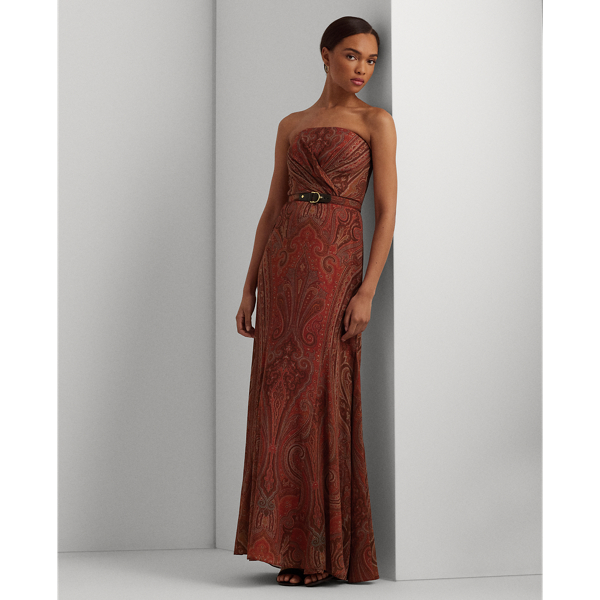 Paisley Belted Georgette Strapless Gown