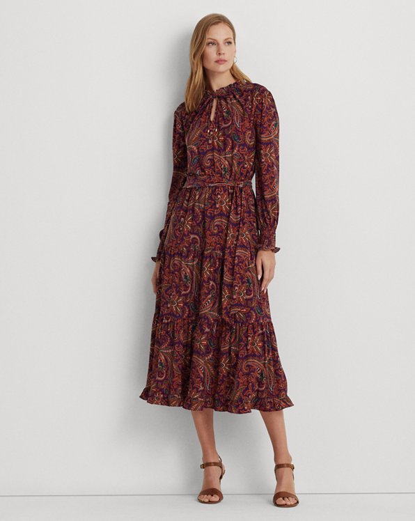 Paisley Belted Jersey Tiered Dress