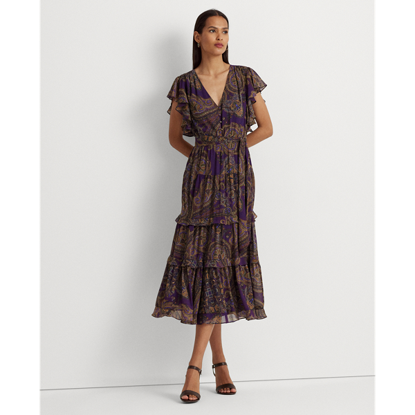 Paisley Belted Georgette Tiered Dress