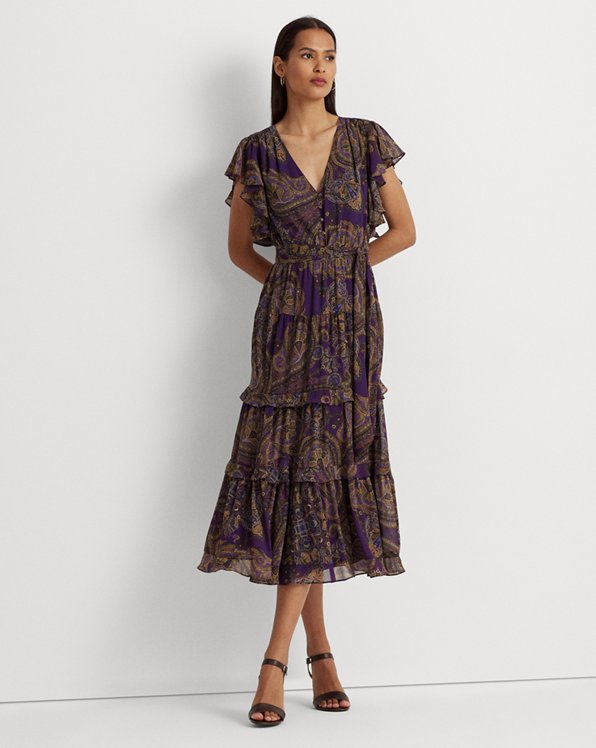Paisley Belted Georgette Tiered Dress