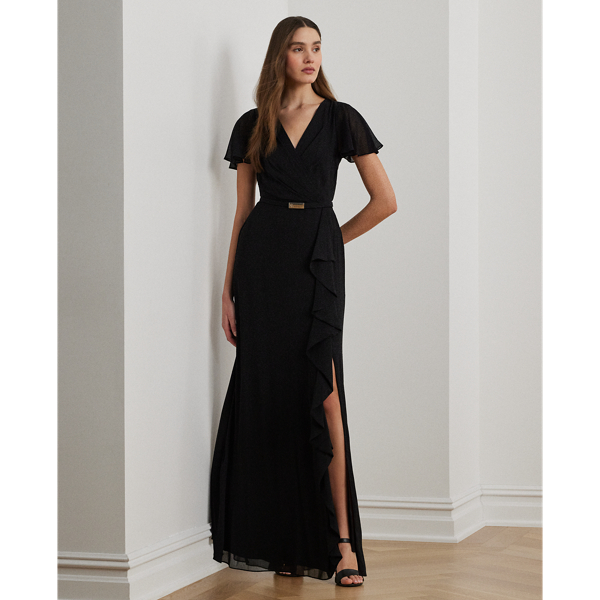 Belted Georgette Flutter-Sleeve Gown