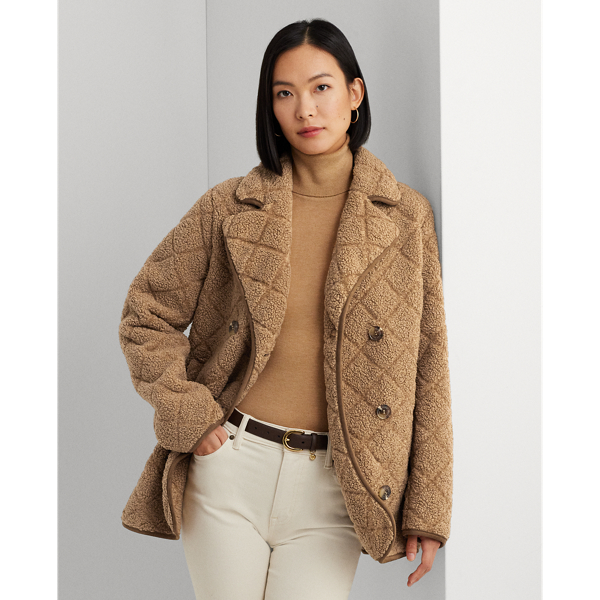 Diamond-Quilted Faux-Shearling Peacoat