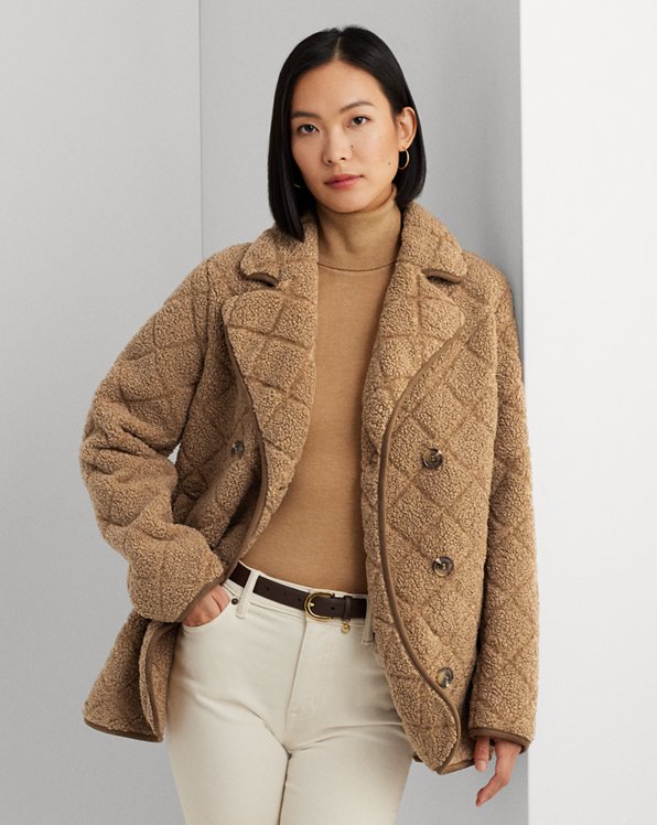 Diamond-Quilted Faux-Shearling Peacoat