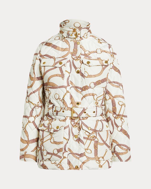 Belting-Print Diamond-Quilted Down Coat