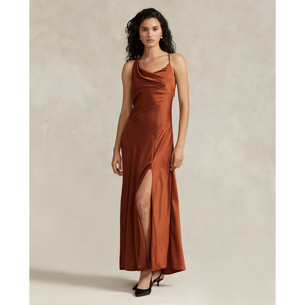 Asymmetrical Satin Cowlneck Gown