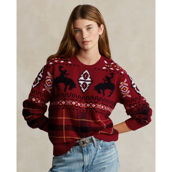 Plaid Western-Motif Crewneck Jumper