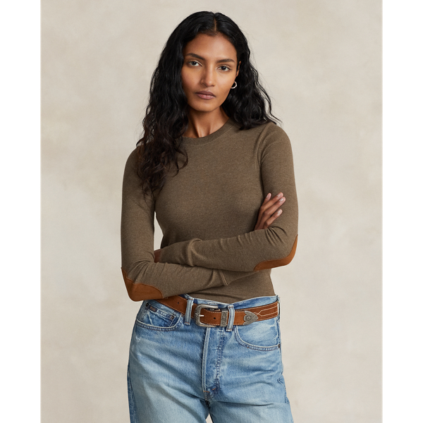 Ribbed Suede-Trim Long-Sleeve Tee