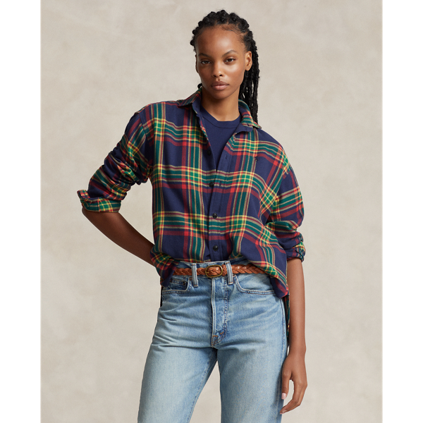 Relaxed Fit Plaid Cotton Twill Shirt for Women