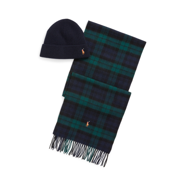 Polo Ralph Lauren Rib-Knit Beanie & Plaid Scarf Set