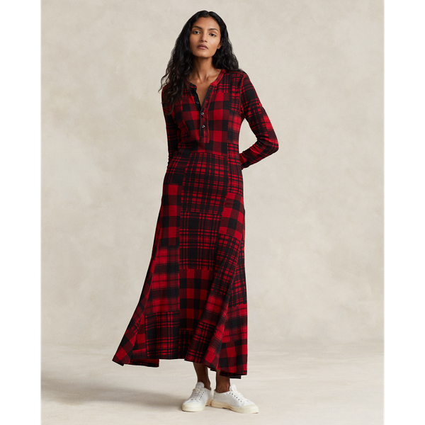 Plaid Motif Cotton Henley Dress