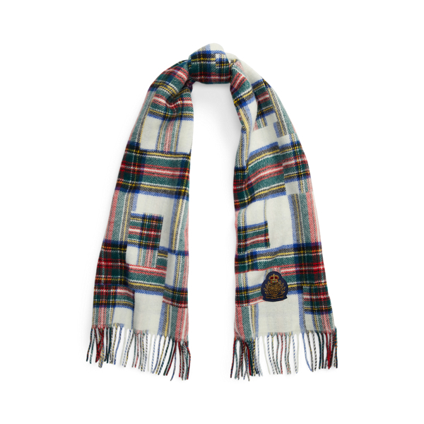 Mixed-Plaid Crest-Patch Wool-Blend Scarf