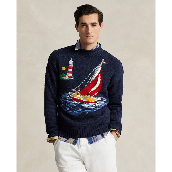 Sailboat-Intarsia Cotton Sweater