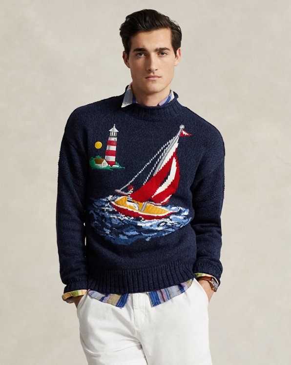 Sailboat-Intarsia Cotton Sweater
