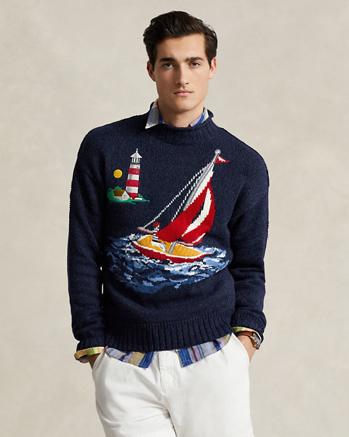 Sailboat-Intarsia Cotton Sweater