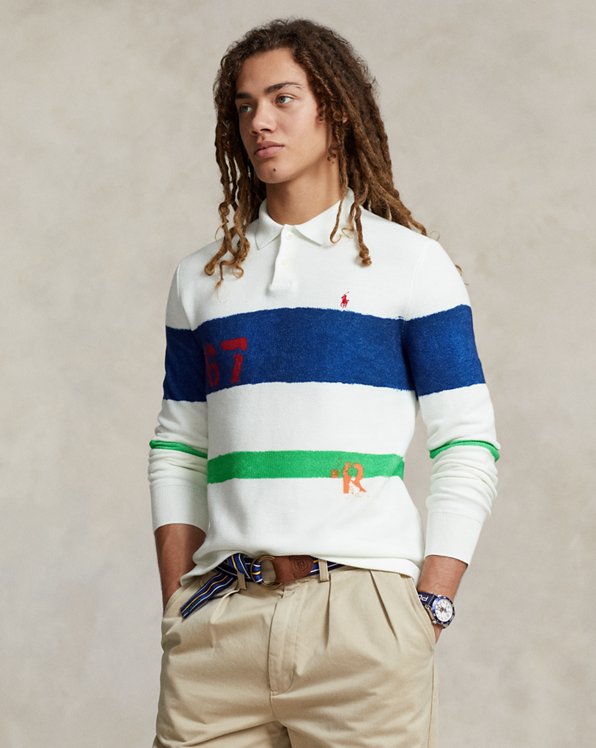 Mesh-Knit Cotton Polo-Collar Sweater
